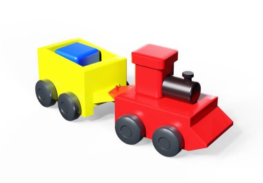 tahta tren oyuncak, 3D çizimi altın külçeleri, altın, yan görünümden çok çeşitli ambar arasında koridor otomobillerde altın külçelerini taşır. Görüntü beyaz arka plan üzerinde izole.