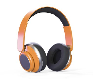 Modern kablosuz, parlak, beyaz kulaklıklar ve altın rengi 3D görüntüler.