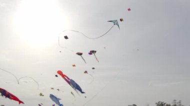 Hindistan 'da bir uçurtma festivali sırasında mavi gökyüzünde uçan çeşitli şekil ve boyutlardaki uçurtmaların muhteşem görüntüsü.