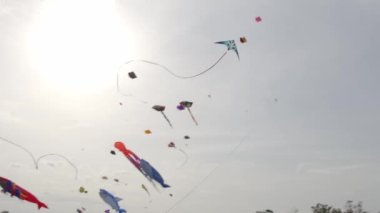 Hindistan 'da bir uçurtma festivali sırasında mavi gökyüzünde uçan çeşitli şekil ve boyutlardaki uçurtmaların muhteşem görüntüsü.