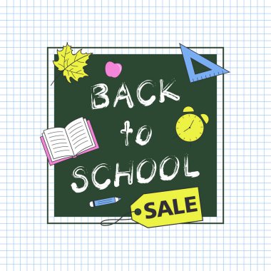 Back to school sale vector banner on the checkered background. With green chalkboard and yellow sticker