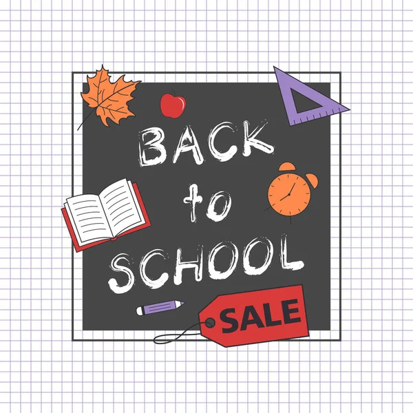 Back to school sale vector banner on the checkered background. With dark gray chalkboard and red sticker