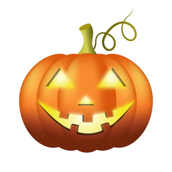 Jack o'lantern. Bir vektör eğimli balkabağı, parlak gülümseyen bir yüzü ve beyaz arka planda yeşil kıvrımlı