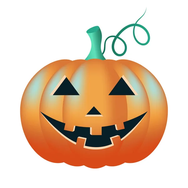 Jack o'lantern. Gülümseyen yüzlü ve beyaz arka planda yeşil kıvrımlı vektör eğimli bir balkabağı.