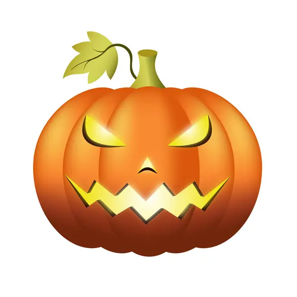 Jack o'lantern. Işık saçan kızgın yüzlü ve beyaz arka planda yeşil yapraklı vektör eğimli bir balkabağı.