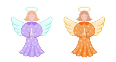 Mor ve turuncu renkli vektör Noel melekleri, parlayan yıldızlar ve bir mum