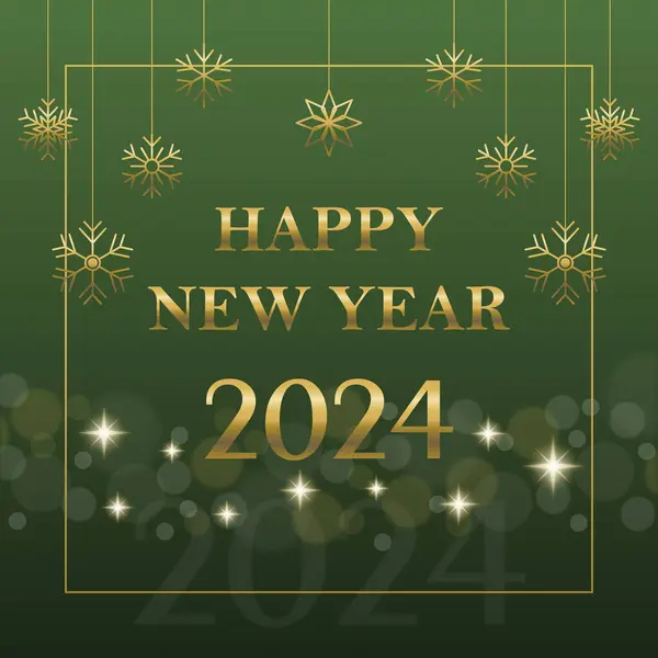 Yeni Yıl 2024 sosyal medya için yeşil gradyan afişi altın kar taneleri, parlayan yıldızlar ve arka planda bokeh ışığı
