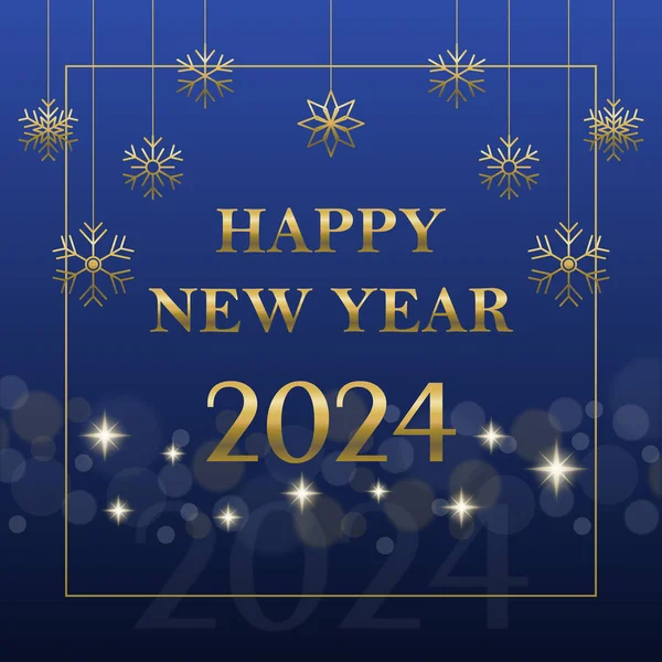 Yeni Yıl 2024 Sosyal medya için mavi gradyan afişi altın kar taneleri, parlayan yıldızlar ve arka planda bokeh ışığı