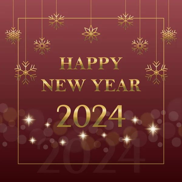 Yeni Yıl 2024 Sosyal medya için kırmızı gradyan afişi altın kar taneleri, parlayan yıldızlar ve arka planda bokeh ışığı