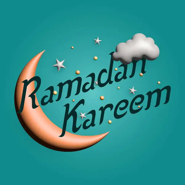 Yeşil eğimli arka planda 3 boyutlu hilal, bulut ve yıldızlı bir Ramazan minimalist bayrağı