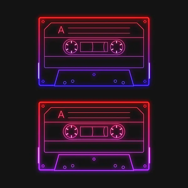 Neon retro ses kırmızı kaset, vektör illüstrasyon seti. Siyah arkaplanda izole edilmiş