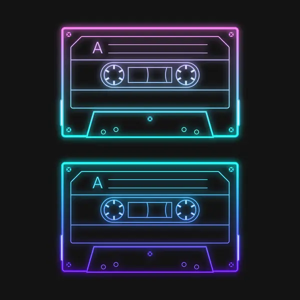Neon retro ses mavi kaset, vektör illüstrasyon seti. Siyah arkaplanda izole edilmiş