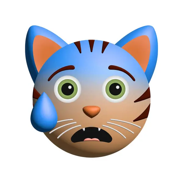 Korkan 3 boyutlu, yeşil gözlü turuncu kedi, vektör emojisi.