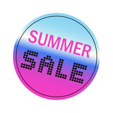 Yaz indirimi yuvarlak etiketi holografik parlak gradyan, Barbie pembe renk ve siyah noktalı yazı tipi