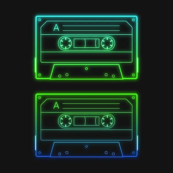 Neon retro ses yeşil kaset, vektör illüstrasyon seti. Siyah arkaplanda izole edilmiş