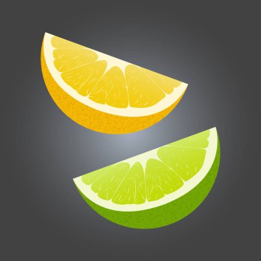 Limon ve limon dilimleri ve desenli deri. Karanlık arka planda izole edilmiş turunçgil meyvesi.