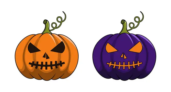 A Halloween pumpkin with orange and black eyes and a stitched mouth. A vector illustration in orange and purple colors, isolated on the white background