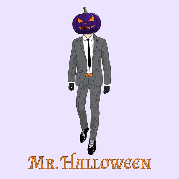 A Halloween man in a gray formal suit and with a purple pumpkin head. A vector illustration for Halloween