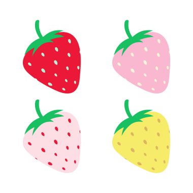 Minimal flat vector illustration of four strawberries in different colors - yellow, red, pink, and white. Simple fruity design perfect for food graphics, summer patterns, healthy lifestyle concepts, or playful creative projects.