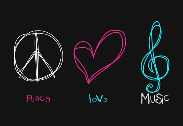 Art Graffiti Style Slogan Peace Love Music Inspirational Hand Drawn — Stock Vector