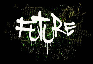 Sprey sıçrama efektli tipografi sokak sanatı grafitisi, Kentsel graffiti FUTURE sloganı, FUTURE, şehir graffiti sokak sanat tarzı tişört ya da sweatshirt sloganı.