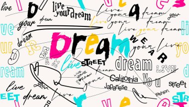 Renkli karalanmış kelimeler, soyut sokak grafiti harfleri grunge yazı tipli elementler, renkli soyut dalga deseni, fırça darbeleriyle çizilmiş kusursuz desenli el. Tişört veya sweatshirt grafikleri, posterler, web siteleri ve tasarım ihtiyaçlarınız