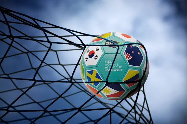 Karachi, Pakistan 5 Temmuz FIFA Kadınlar Dünya Kupası 2023 kupası top arka planı, illüstrasyon.