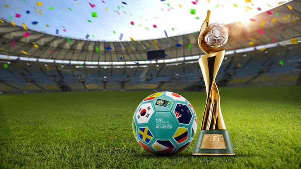 Karachi, Pakistan 5 Temmuz FIFA Kadınlar Dünya Kupası 2023 kupası top arka planı, illüstrasyon.