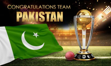 Karachi, Pakistan. 20 Ağustos. Kriket Dünya Kupası 2023, kupayı topla kazanmamızı kutluyor. 3d resimleme.