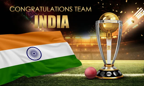 Karachi, Pakistan. 20 Ağustos. Kriket Dünya Kupası 2023, kupayı topla kazanmamızı kutluyor. 3d resimleme.