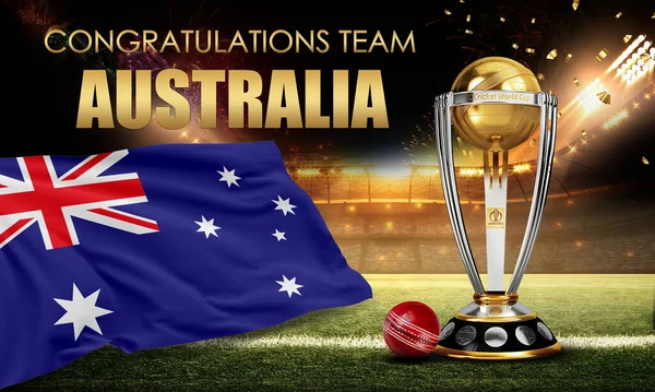 Karachi, Pakistan. 06 Ağustos. Kriket Dünya Kupası 2023, kupayı topla kazanmamızı kutluyor. 3d resimleme.