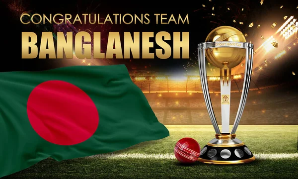 Karachi, Pakistan. 06 Ağustos. Kriket Dünya Kupası 2023, kupayı topla kazanmamızı kutluyor. 3d resimleme.