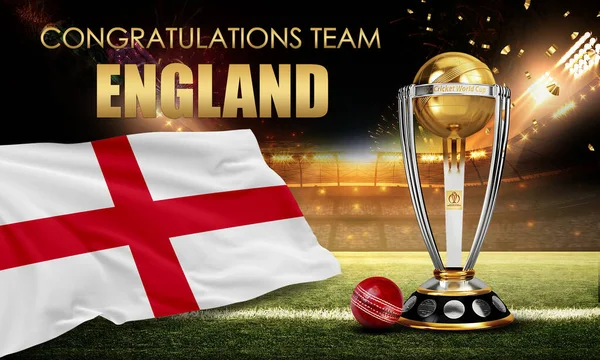 Karachi, Pakistan. 06 Ağustos. Kriket Dünya Kupası 2023, kupayı topla kazanmamızı kutluyor. 3d resimleme.