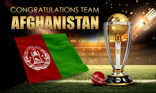 Karachi, Pakistan. 06 Ağustos. Kriket Dünya Kupası 2023, kupayı topla kazanmamızı kutluyor. 3d resimleme.