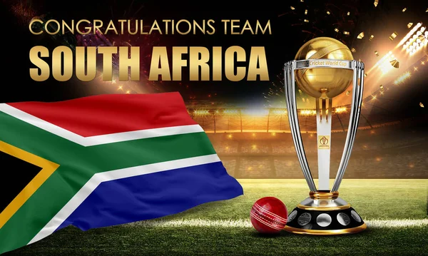 Karachi, Pakistan. 06 Ağustos. Kriket Dünya Kupası 2023, kupayı topla kazanmamızı kutluyor. 3d resimleme.