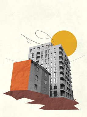 Şehir Bulding Yaratıcı Sanat Kolajı. Retro Vintage Renkleri. Mimarlık Konsepti Sanat Eserleri. Vektör Elementleri İllüstrasyonu. Reklam Kopyalama Uzay Tasarımı. Doku Arkaplanı. Poster Flyer Pankart Gönderi