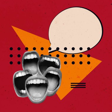 Konuşma Baloncuğu Yaratıcı Sanat Kolajı. Gerçeküstü Kavram İllüstrasyonu. Konuşan Ağız Modern Tasarımı. Tartışma Çığlığı Açık Trend Retro Vintage. Poster Afişi Flyer Posta Kartı Yazdırma Arkaplanı Yeni.