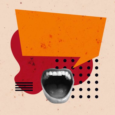 Konuşma Baloncuğu Yaratıcı Sanat Kolajı. Gerçeküstü Kavram İllüstrasyonu. Konuşan Ağız Modern Tasarımı. Tartışma Çığlığı Açık Trend Retro Vintage. Poster Afişi Flyer Posta Kartı Yazdırma Arkaplanı Yeni.