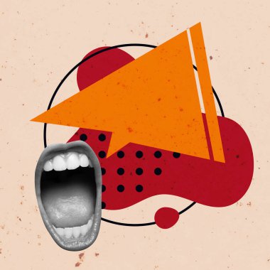 Konuşma Baloncuğu Yaratıcı Sanat Kolajı. Gerçeküstü Kavram İllüstrasyonu. Konuşan Ağız Modern Tasarımı. Tartışma Çığlığı Açık Trend Retro Vintage. Poster Afişi Flyer Posta Kartı Yazdırma Arkaplanı Yeni.