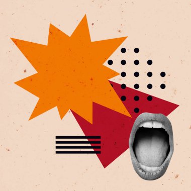 Konuşma Baloncuğu Yaratıcı Sanat Kolajı. Gerçeküstü Kavram İllüstrasyonu. Konuşan Ağız Modern Tasarımı. Tartışma Çığlığı Açık Trend Retro Vintage. Poster Afişi Flyer Posta Kartı Yazdırma Arkaplanı Yeni.