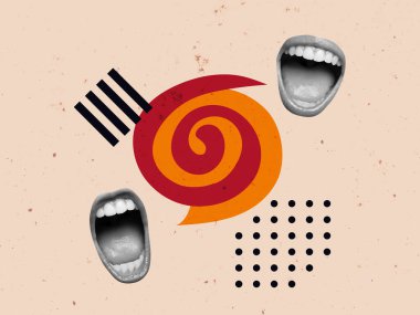 Konuşma Baloncuğu Yaratıcı Sanat Kolajı. Gerçeküstü Kavram İllüstrasyonu. Konuşan Ağız Modern Tasarımı. Tartışma Çığlığı Açık Trend Retro Vintage. Poster Afişi Flyer Posta Kartı Yazdırma Arkaplanı Yeni.