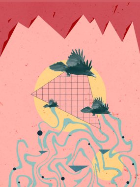 Hayvan Gerçeküstü Sanat Kolajı. Vektör İllüstrasyonu. Peyzaj Sanatı. Poster baskısı. Vahşi Yaşam Evcil Hayvanı. Sürrealizm Uçan Kavram Güzel. Asbtract Weaves Kırmızı Renkli Vintage Retro Geometrik Çizgi Ağı