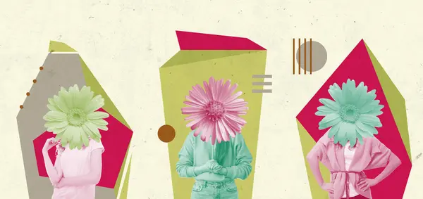 Çiçek ve Kadın Yaratıcı Sanat Kolajı. Pembe ve Yeşil Pastel Renkler. Şirin posta arabası. Dikey Poster. Kadın Günü. Dokulu Arka plan. Benzersiz Kopya Uzay Tasarımı. Geometrik Nesneler Soyut İllüstrasyon