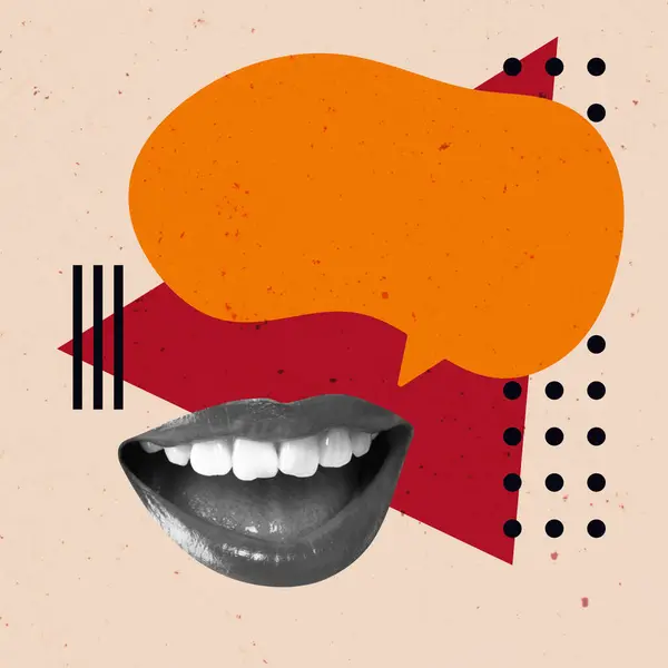 Konuşma Baloncuğu Yaratıcı Sanat Kolajı. Gerçeküstü Kavram İllüstrasyonu. Konuşan Ağız Modern Tasarımı. Tartışma Çığlığı Açık Trend Retro Vintage. Poster Afişi Flyer Posta Kartı Yazdırma Arkaplanı Yeni.