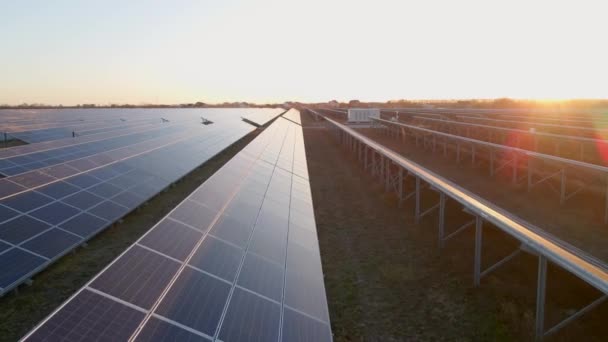 Vista Aérea Paneles Solares Fila Los Campos Energía Ecología Innovación — Vídeos de Stock