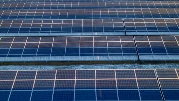 冬の初めに明るい日没で太陽光発電所の大きな太陽電池パネルの空中ドローンビュー 太陽電池発電所 カラー補正された映像ビデオ — ストック動画