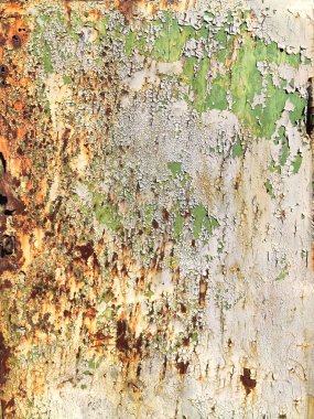 Paslı renkli boyanmış metal duvar. Paslı metal arka planda pas izleri var. Aşınmış metal zemin. Pas lekeleri. Metal yüzey paslanmış lekeler. Paslanmış aşınma.