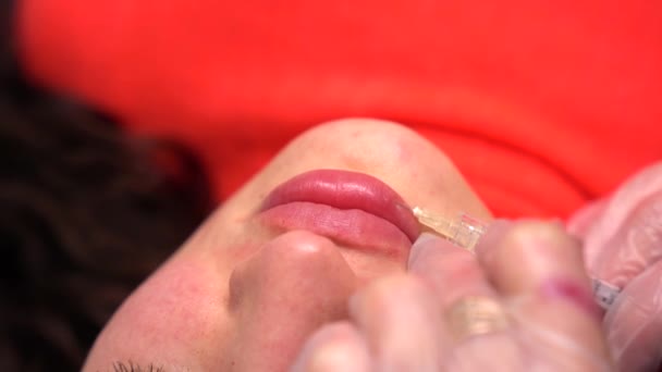 Beautician Läkare Gör Botox Injektion Läpparna Unga Vackra Kvinna Färgkorrigerad — Stockvideo