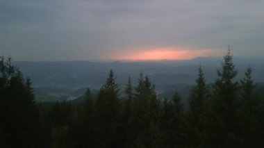 Bulutlu bir günde yeşil ormanın üzerinde uçarken ufukta parlayan bulutlarla dağların üzerinde. Karpat Dağları, Avrupa. 3k renk düzeltilmiş görüntü. Klasik Avrupa ormanlarının havadan görünüşü