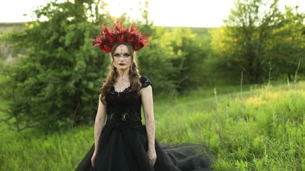 Belle Femme Sorcière Robe Noire Longue Fleurs Cerceau Plein Air — Video